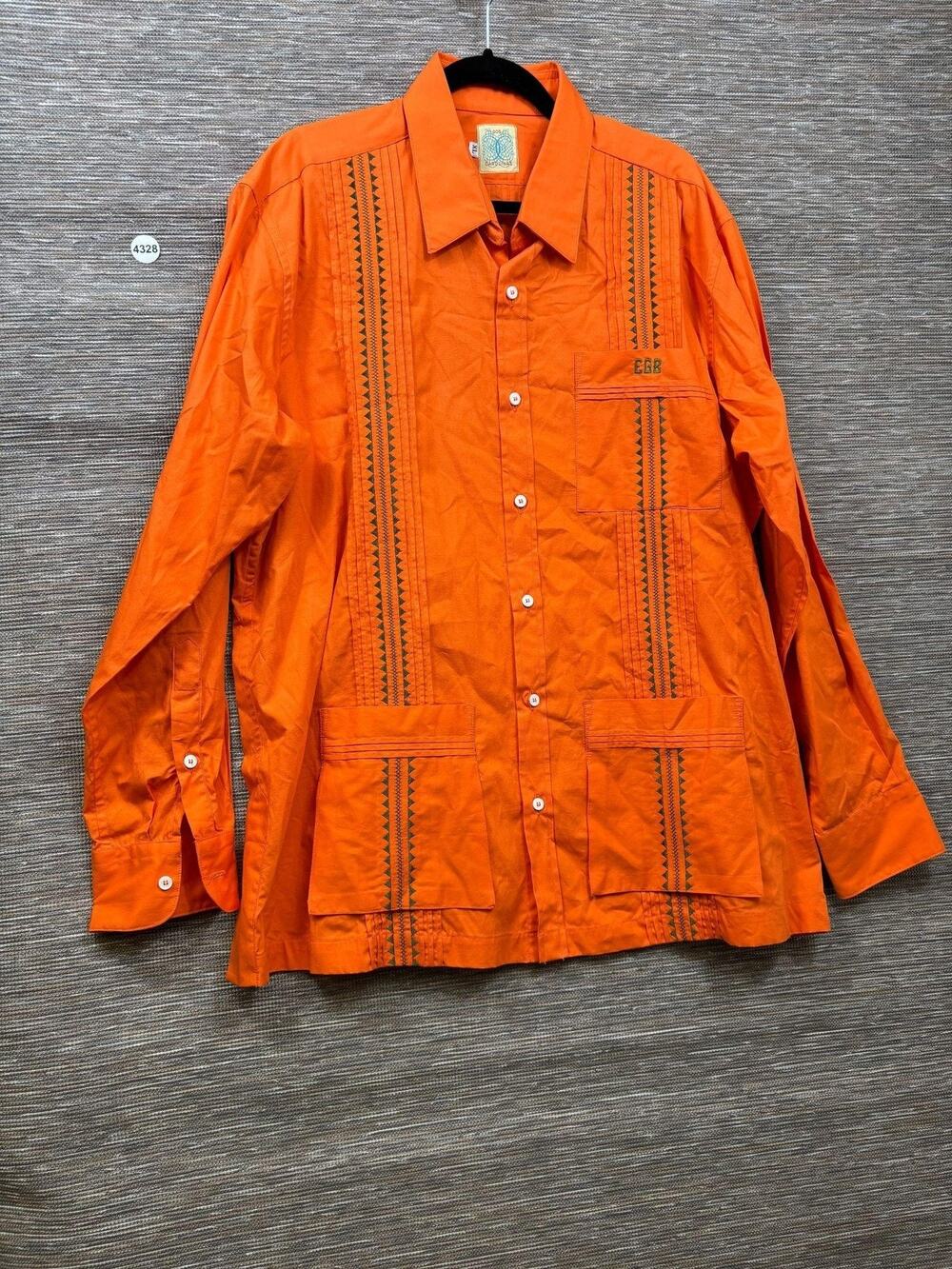 Dos Carolinas Shirt Mens Size XL Orange Embroidered Guayabera Cotton Button Up